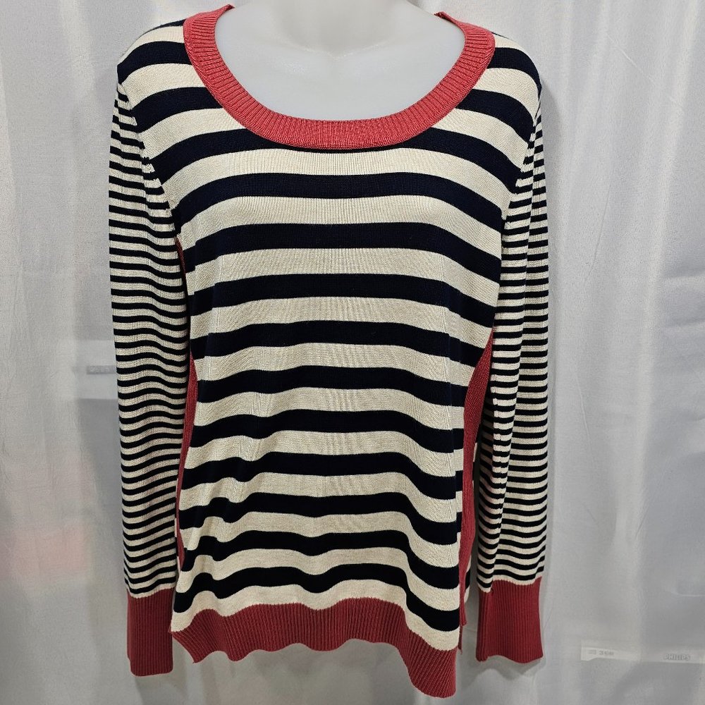 Pink Rose Womens Pullover Tunic Sweater Size XL Off White Black Striped Crewneck